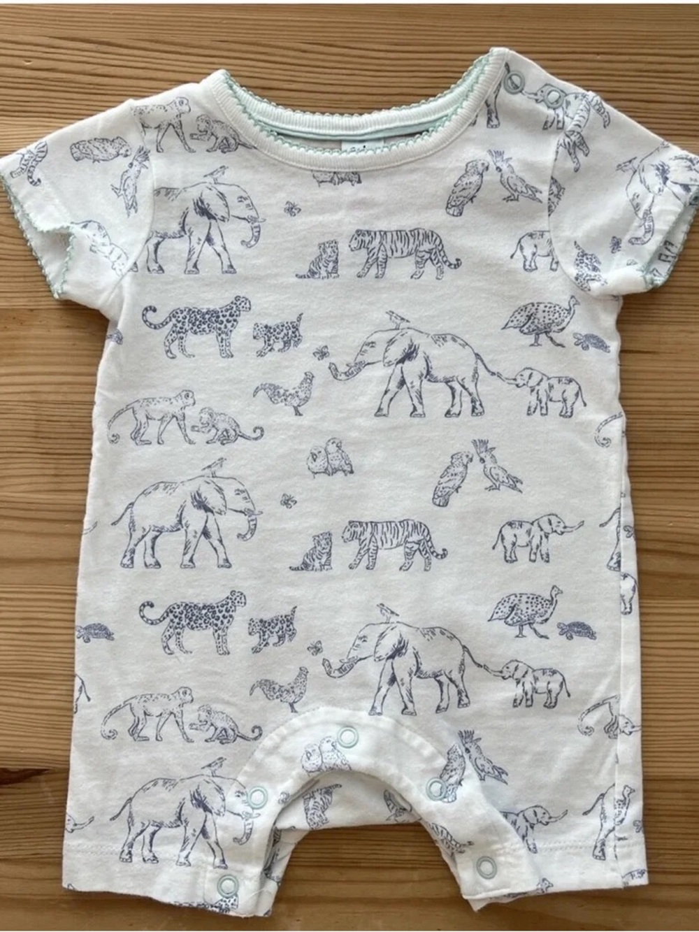 White Baby Romper with Navy Animal Sketches